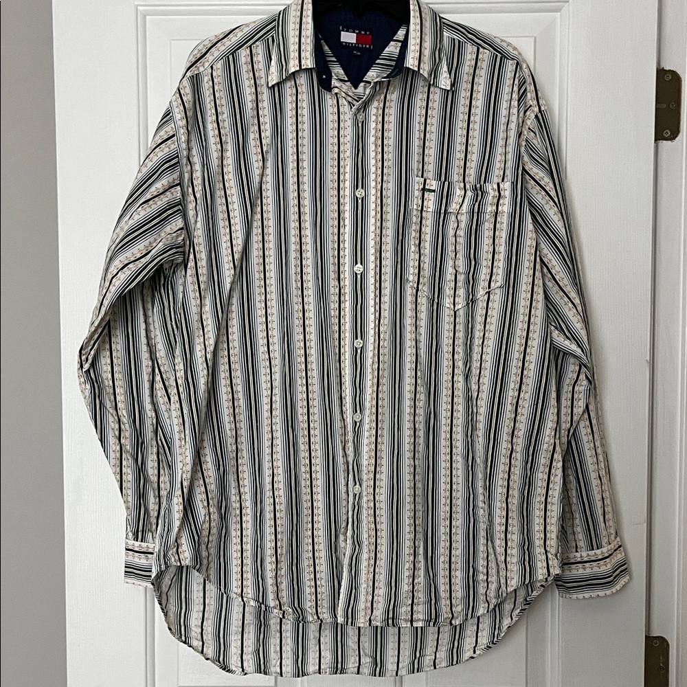 Tommy Hilfiger men's retro striped long-sleeve cotton button-down shirt